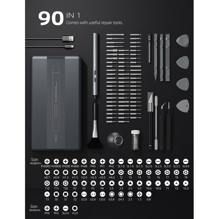 iFu Mini Електричний Шуруповерт Преміум 90 в 1: Точний Набір Викруток з LED Підсвіткою та Магнітними Бітами для Телефонів, Ноутбуків, Годинників, Камер