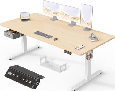 Регульований стіл Devoko: електричний, 140x80 см, з ящиками, USB-порт, органайзер для кабелів, стоячий стіл з пам'яттю, білий