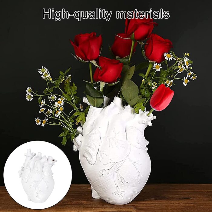 Анатомічна ваза-серце з полімерної смоли, біла, декоративна статуетка-квітник, стильний декор для столу, вазон для квітів