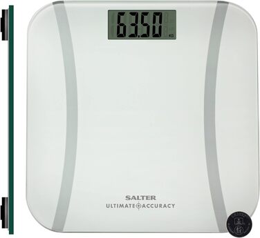 Електронна вага Salter 9073 WH3R для людей, з аналізом жиру, LCD-дисплеєм, скляна, висока точність, крок 50 г, функція Step-on, ніжки для килима, до 180 кг, біла