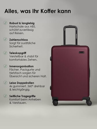 Набір валіз Smartbox Hartschalen 3 шт. для жінок та чоловіків | Легкі та міцні валізи з ABS-пластику | 4 колеса, кодовий замок (Edition 05) (Бургунді, валіза M (66 см))
