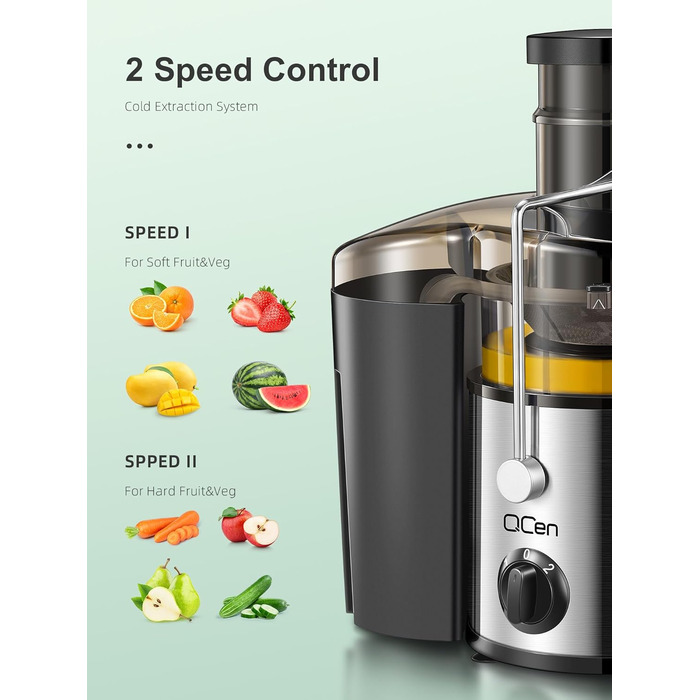 Центрифужний соковитискач QCen: нержавіюча сталь, BPA-free, 500W, для фруктів та овочів