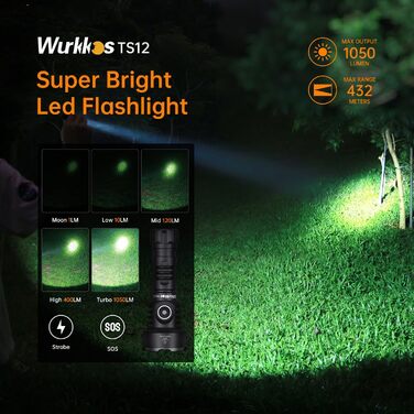 Ліхтарик Wurkkos TS12 LED, надяскравий 1050 люмен, компактний, водонепроникний, з батарейками, дальність 432 м, для кемпінгу, туризму, надзвичайних ситуацій
