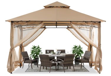 Павільйон садовий ABCCANOPY 2.4x2.4 м з двосхилим м'яким дахом для тераси, саду, заднього двору - захист від сонця та дощу (з москітною сіткою, бежевий)