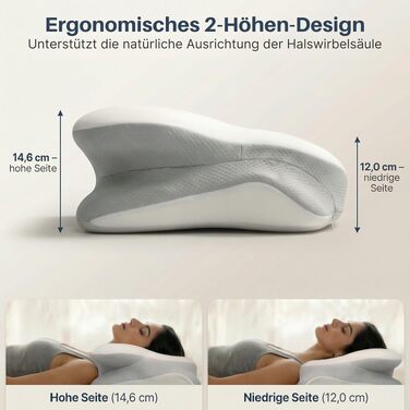 Ортопедична подушка для сну з ефектом пам'яті для шиї та спини - Ergonomisches Kissen - Сіра/Біла, з 2 наволочками, регульована висота, сертифікована, при болях у шиї