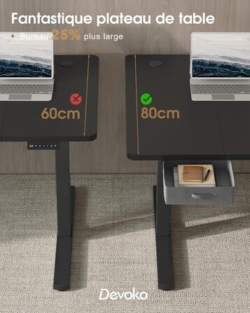 Регульований стіл Devoko 160x80 см з висувними ящиками, USB-порт, органайзер для кабелів, стіл для комп'ютера з 3-ма режимами пам'яті, білий (чорний)