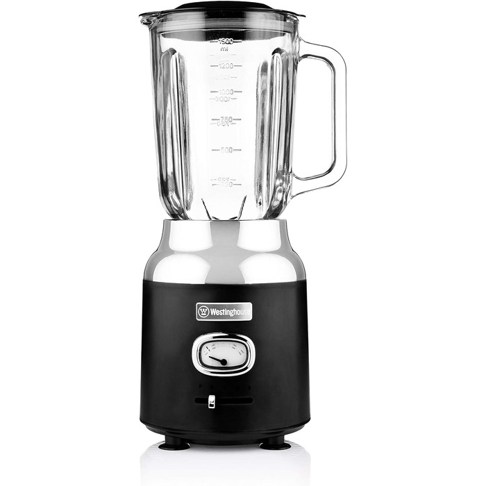 Блендер Westinghouse Retro, 1.5 л, скляна чаша, 600 Вт, 3 швидкості, пульсація, 6-лезове ножі, нержавіюча сталь, BPA-free, чорний