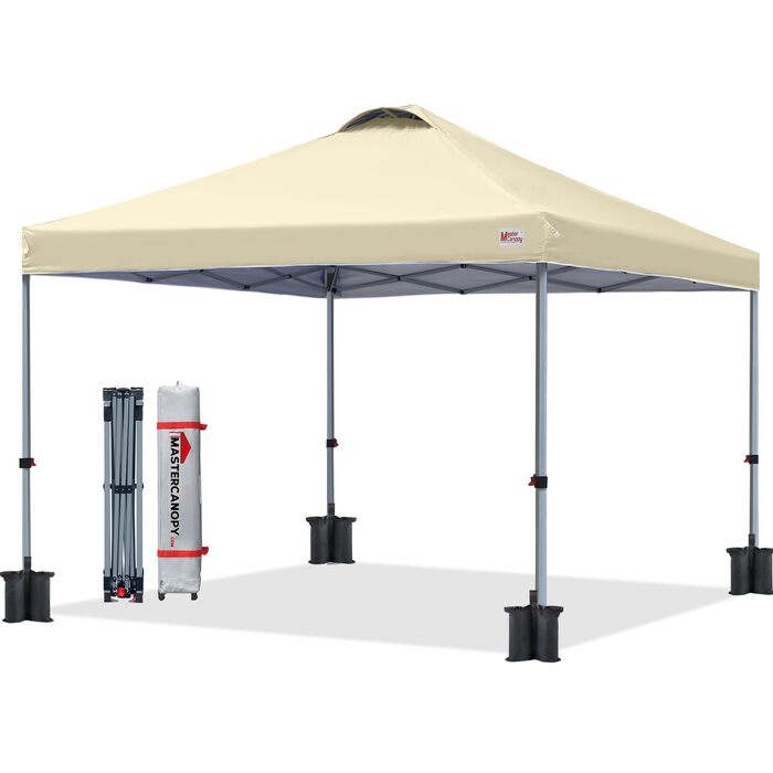 Тент-шатер MasterCanopy 3x3 м з швидким розкладанням, бежевий: для кемпінгу, заходів, саду. UPF50+, водонепроникний + сумка + 4 мішки з піском