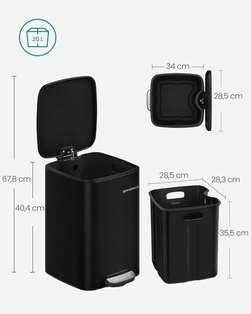 Смітник для кухні SONGMICS, 20 л, педальний, сталевий, з внутрішнім відром, Soft Close, фіксація кришки, чорний