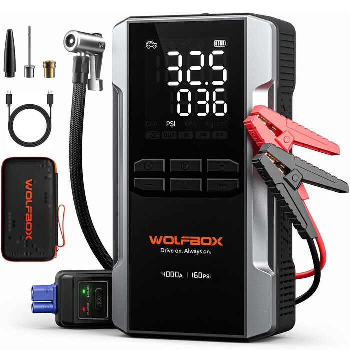 WOLFBOX 4000A: Пускозарядний пристрій з компресором 160PSI, 12V, 65W, 88.8Wh, для бензинових/дизельних двигунів 10L, LED-ліхтар, кабелі для пуску