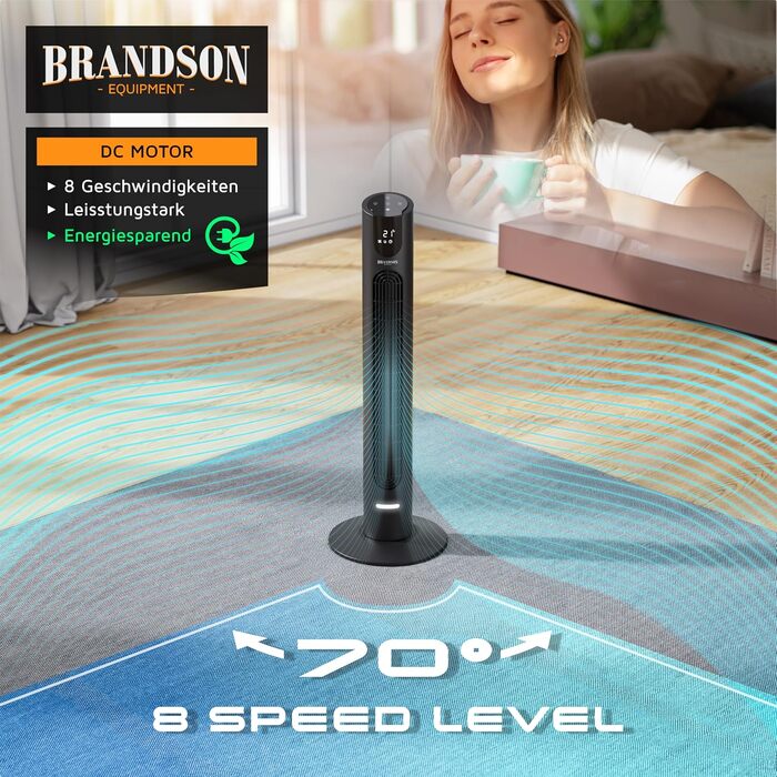 Вентилятор Tower Brandson з Еко DC мотором, 8 швидкостей, таймер, дистанційне керування, енергозберігаючий, преміум-якість