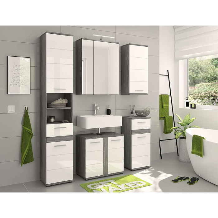 Комод для ванної Newroom, білий глянцевий, сріблясто-сірий, сучасний, 35x79x31 см, шафа-пенал, меблі для ванної, Pelia.one V1