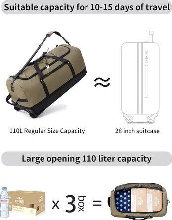 YHYEH розширювана дорожня сумка 110/140 л, 80 см, з 2 колесами, для подорожей, спорту, з еластичним шнуром, армійсько-зелена