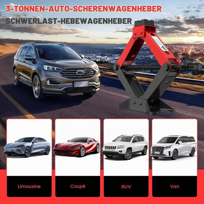 Універсальний ножичний домкрат 3т для авто, SUV та позашляховиків, механічний підйомник (червоний/чорний)