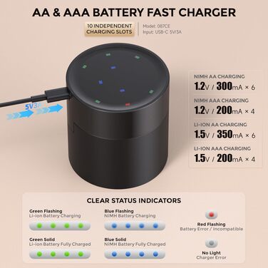 Набір акумуляторів imuto 1.5V Lithium (4x AA 3000mWh + 4x AAA 1300mWh) зі смарт-зарядним кейсом, висока ємність, 1600 циклів зарядки