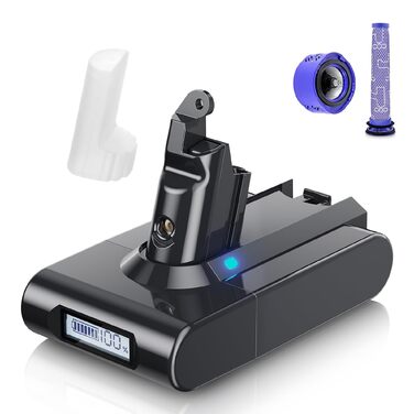 Акумулятор Dyson V6 8000mAh з LCD-дисплеєм, сумісний з DC58-DC74, Animal/Absolute/Motorhead/Fluffy + 2 фільтри, сірий