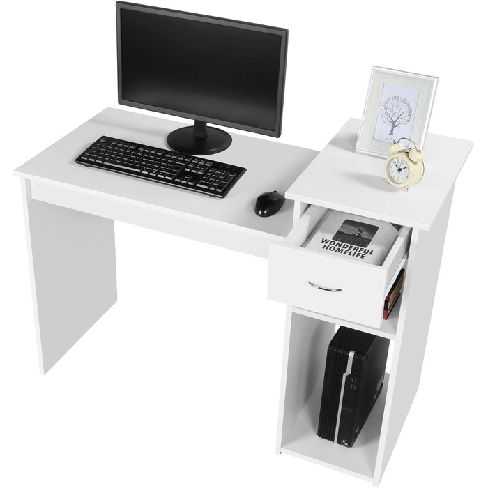Стіл для комп'ютера Yaheetech 112x82x50 см, білий, з висувною шухлядою та 2 полицями з МДФ, офісний письмовий стіл