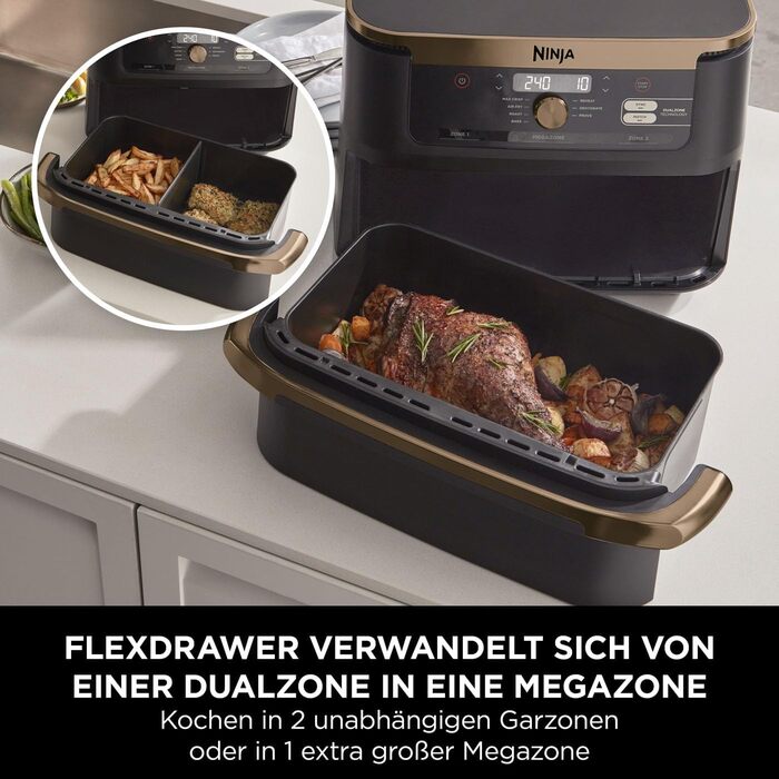 Фритюрниця Ninja Foodi FlexDrawer AF500EUCP: 10.4л, Dual Zone, 7-в-1, Чорний & Мідний, Знімний роздільник