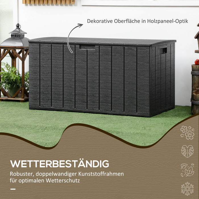 Ящик для подушок Gartenbox об'ємом 366 літрів з міцного двостінного пластику. Водостійкий, з колесами та зручними ручками для переміщення. Має реалістичне імітування текстури дерева.