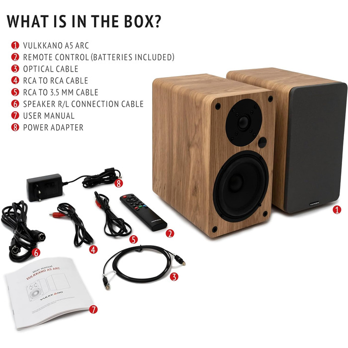 VULKKANO A5 ARC Поличкові колонки Bluetooth 5.0 з HDMI ARC, оптичним входом, RCA, USB, вихід для сабвуфера, коричневі