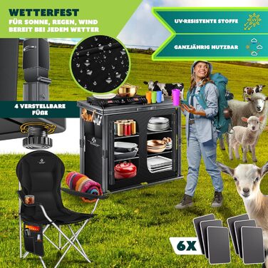 Кемпінгова кухня KESSER®: розкладний шафка 84x80 см з алюмінієвим каркасом, 6 відділень (вкл. набір з 4 кухлі), бокові кишені та москітна сітка. Чорний, з UV-стійкої тканини.