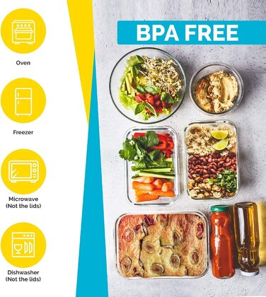 KICHLY Набір із 18 скляних контейнерів для зберігання продуктів (9 контейнерів + 9 кришок), прозорі, герметичні, без BPA, для їжі