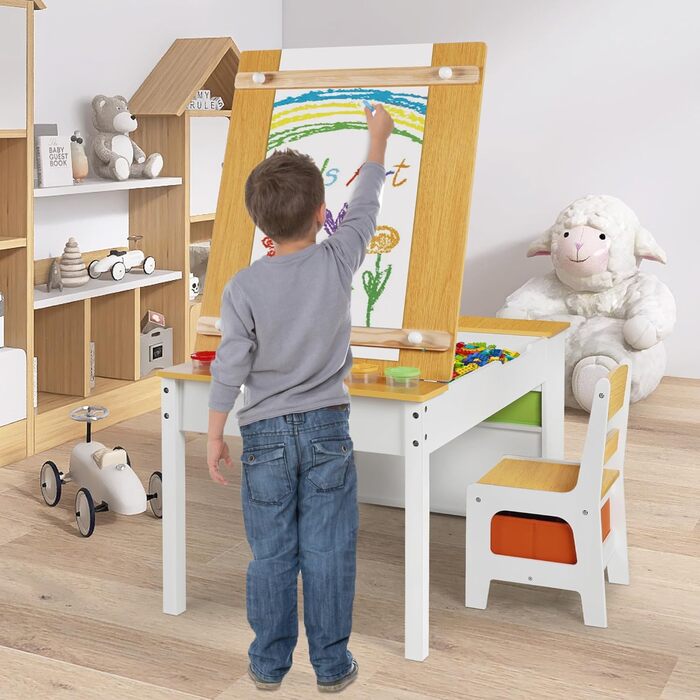 Дитячий стіл Kinder-Kunsttisch Set з 2 стільцями - дерев'яний набір для творчості для малюків з регульованою стільницею, відрами для пігментів та 8 тканинними ящиками для зберігання (Натуральний)