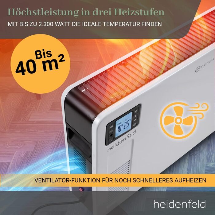Електричний конвектор Heidenfeld EK100, 2300 Вт, з пультом, таймером і LCD-дисплеєм, для обігріву до 40 м²