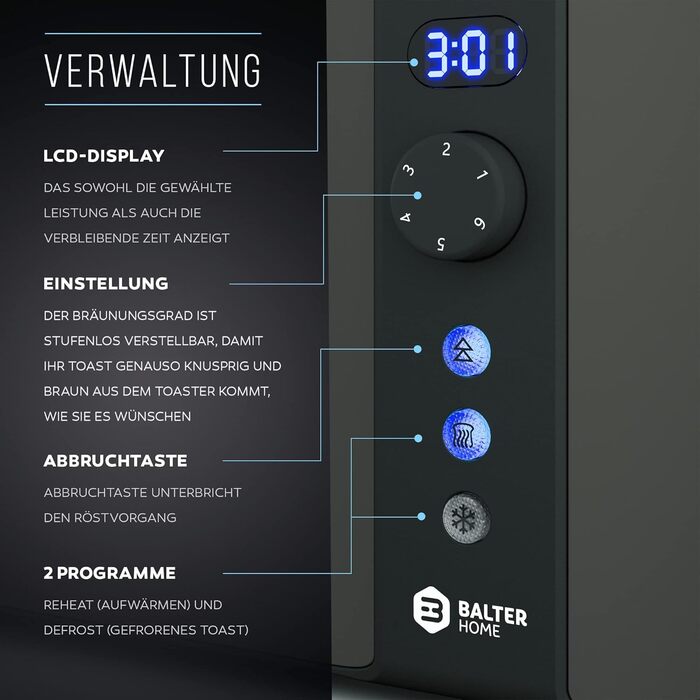 Тостер Balter TS-04-LCD на 4 тости, довгий слот, нержавіюча сталь, підставка для булочок, LCD-дисплей з таймером, функція розморожування, автоматичне центрування хліба, висувний піддон для крихт, чорний
