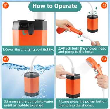 Портативна душова кабіна Towwoo для кемпінгу з акумулятором 6000mAh, з насосом та індикатором температури/потужності, для відпочинку, подорожей, автомийки, помаранчевий колір