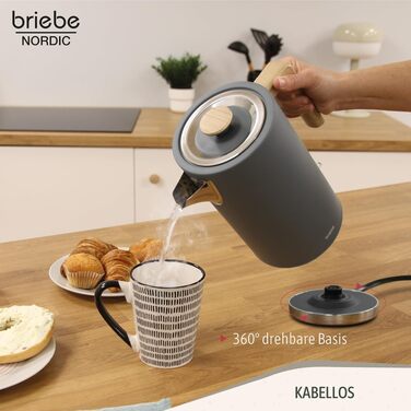 Тостер Briebe Nordic Set 2-слотовий з підставкою для булочок, 6 рівнів підсмажування + Електричний чайник 1.7л 2200Вт, Швидке нагрівання, BPA-free, Сірий