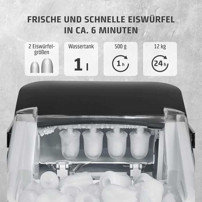 Льодогенератор Caso IceChef Compact: швидке виробництво льоду (12 кг/24 год), самоочищення, 1л резервуар, з лопаткою