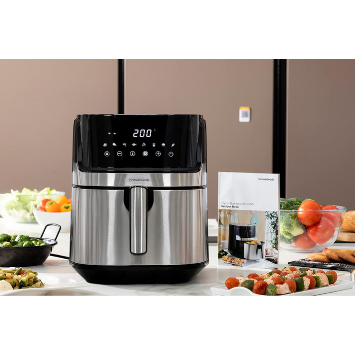 Аерофритюрниця InnovaGoods 5,5 л, 1700 Вт, 8 програм, сенсорний екран, 100 рецептів, таймер, 360° циркуляція повітря, для 4-6 осіб