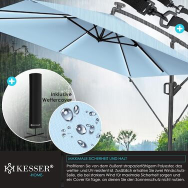 Гарматний парасоль KESSER Holly прямокутний з LED-підсвіткою на сонячній батареї, алюмінієвий, з ручкою-кривошипом, стійкою, чохлом, вітрозахистом, водостійкий, діаметр 350 см, світло-блакитний, для саду, з УФ-захистом