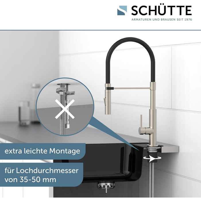 Змішувач кухонний Schütte 23138 Design з висувним шлангом Soft Touch, поворотний на 360°, нержавіюча сталь/чорний