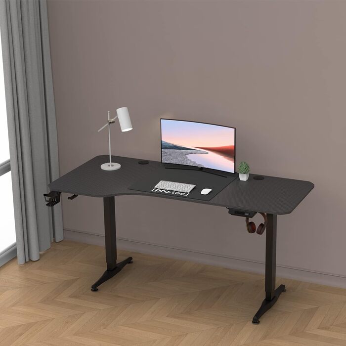Електричний стіл для роботи pro.tec Oxnard 160x75 см з пам'яттю, регульований, чорний, алюмінієва рама, до 80 кг, тримач для напоїв і гачок для навушників