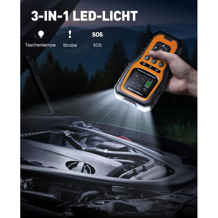 Бустер для авто TREKURE 7000A: Пусковий пристрій 12V з тестером акумулятора та OBD2 діагностикою для бензинових та дизельних двигунів до 10.0L, з LED-ліхтарем