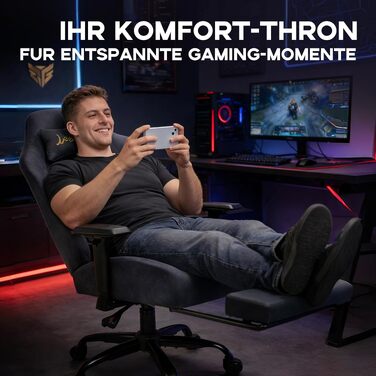 Ігрове крісло Gamer Sessel для геймерів, замша, 3D-підлокітники, з підніжкою та підтримкою попереку, до 220 кг, темно-сіре, XXL