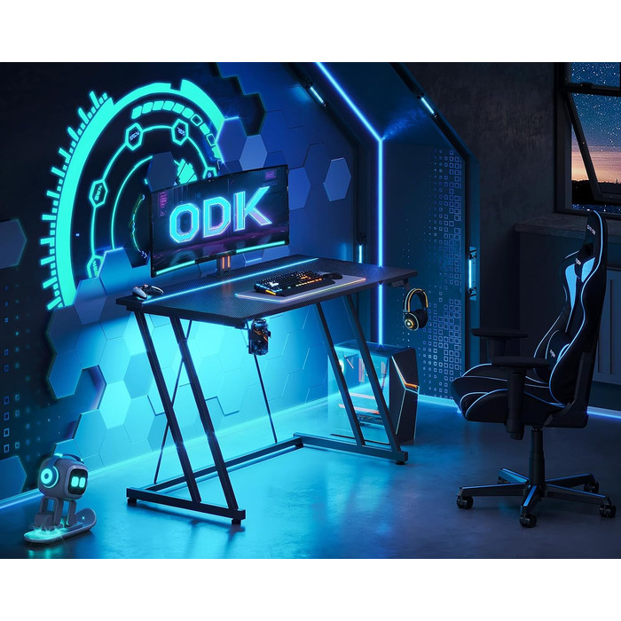 Ігровий стіл ODK 80x50 см з LED підсвіткою, чорний карбон. Стіл для геймерів з тримачем для навушників та підставки для напоїв