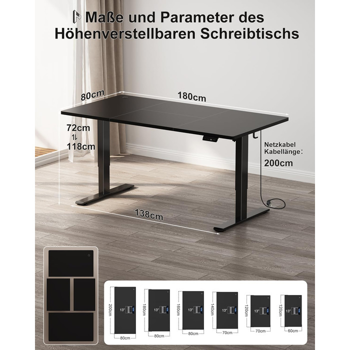 Регульований стіл Homall 200x80 см з USB-портом, електричний, з органайзером для кабелів, пам'ять позицій, для комп'ютера, чорний