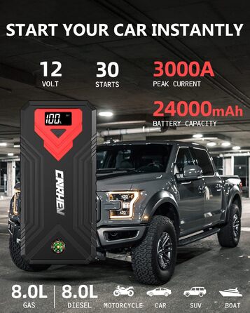 Бустер для авто CARHEV Jump Starter 3000A — Пусковий пристрій з LCD-дисплеєм для бензинових (до 8л) та дизельних (до 8л) двигунів, 12V Powerbank з USB швидкою зарядкою та LED-ліхтарем