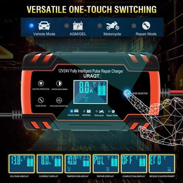 Зарядний пристрій для акумулятора URAQT 8A: 12V/24V, розумний, автоматичний, з LCD, для авто, вантажівок, мотоциклів, човнів