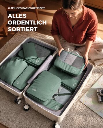 Набір органайзерів для валізи та рюкзака Packing Cubes, 8 предметів, сіро-зелений — дорожній набір для пакування речей