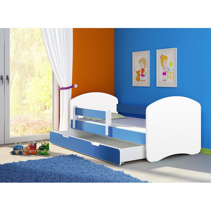 Дитяче ліжко з висувним ящиком та матрацом ACMA II, біле, 180x80 см, синє