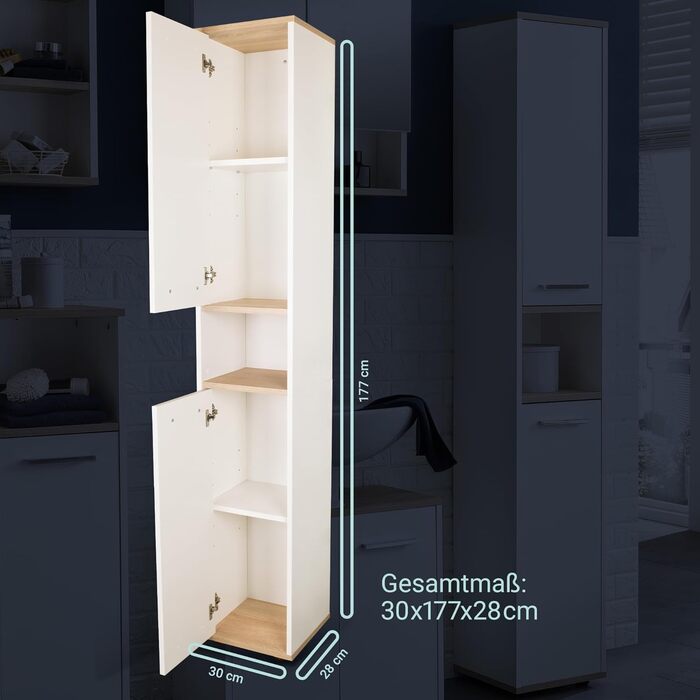 Високий шафа BadeDu ARC для ванної, 30x177x28 см, білий/дуб, вузький, з хромованими ручками, дерев'яний