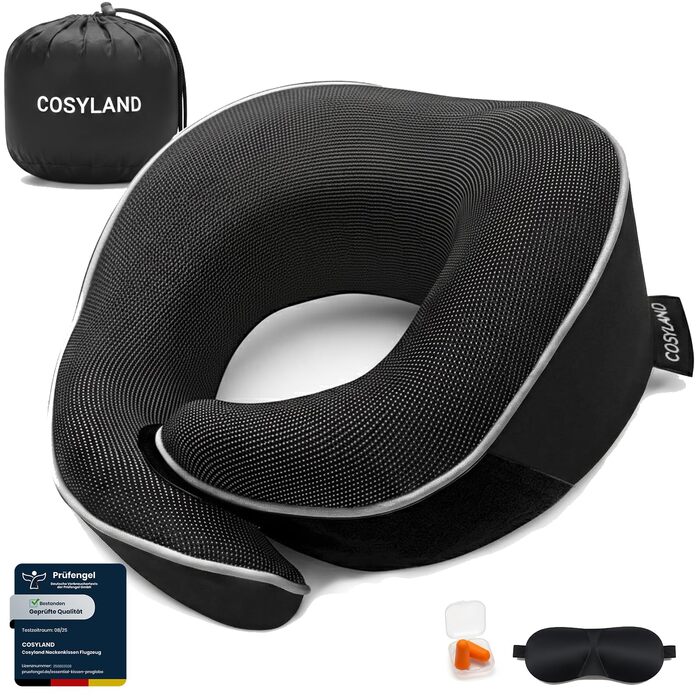 Подорожня подушка для шиї COSYLAND з ефектом пам'яті (Memory Foam) для літака та авто, ергономічна підставка 360°, чорна (набір: маска для сну, беруші, чохол)