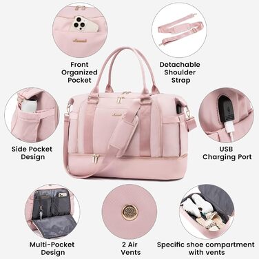 Спортивна сумка LOVEVOOK для подорожей, жіноча, 37L, рожева: Weekender, культ. сумка, відділення для взуття та мокрих речей