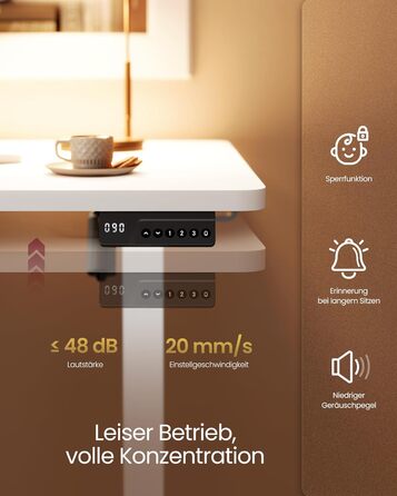 Регульований по висоті письмовий стіл VASAGLE для комп'ютера, стіл для роботи стоячи з функцією пам'яті (4 рівні) та нагадуванням про рух, білий, 100 x 60 см, LSD312KD03