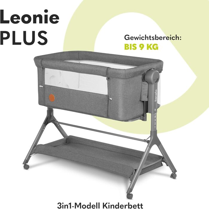 Дитяче ліжко Lionelo Leonie Plus 3 в 1 (ліжко, приліжкова колиска, гойдалка) сірого кольору, до 9 кг, з регулюванням висоти, повітряні стінки, знімною бічною панеллю, коліщатка з гальмом, великий кошик