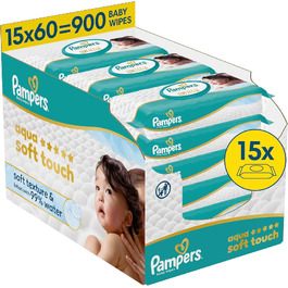 Дитячі вологі серветки Pampers Aqua Soft Touch, 15 упаковок по 60 шт (900 шт), гіпоалергенні